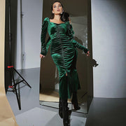 women's pleated slim fit velvet dress, view 2 - MRSLM