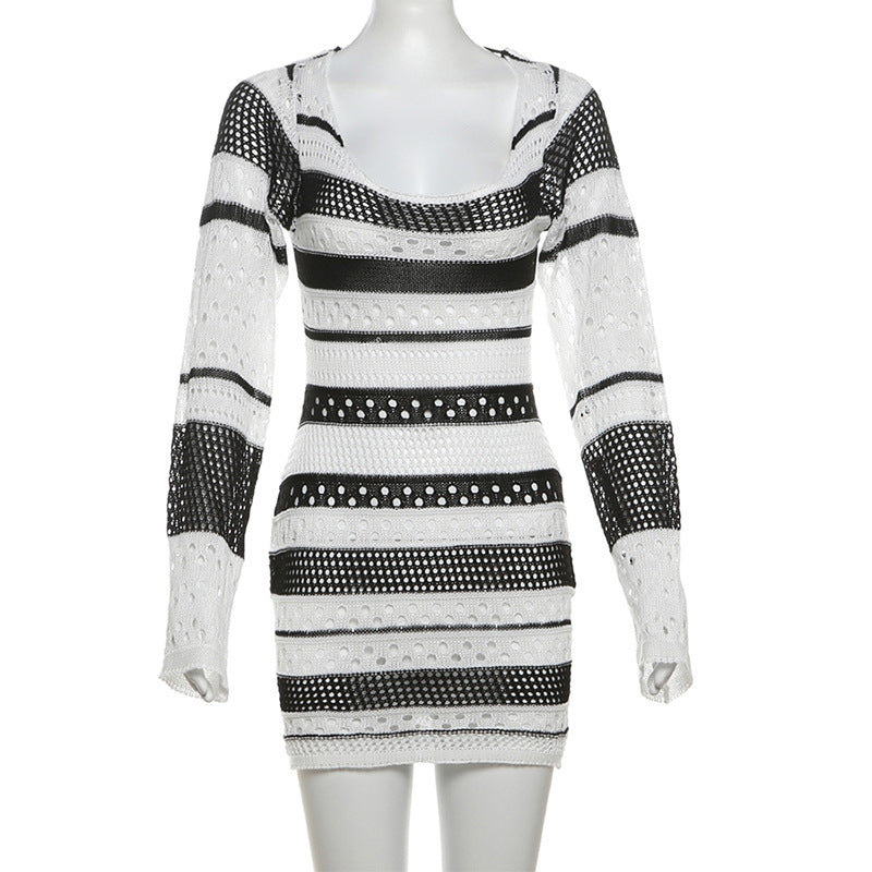 knitted striped long sleeve dress, view 4 - MRSLM