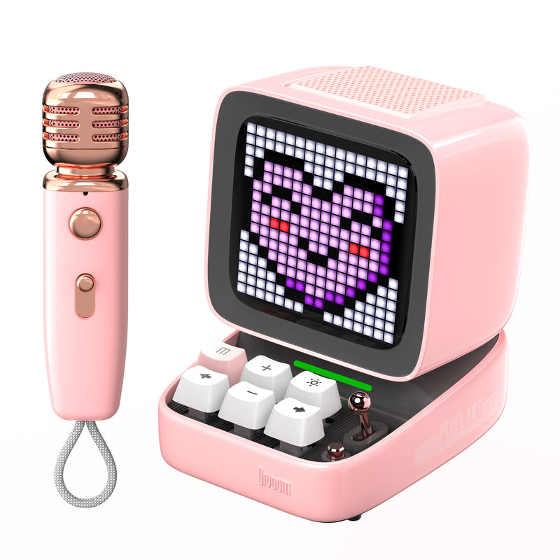 bluetooth speaker with karaoke mic and pixel art display, view 2 - MRSLM