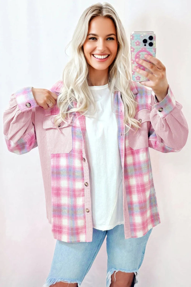 Women's pink plaid corduroy patchwork shacket, view 4 - MRSLM