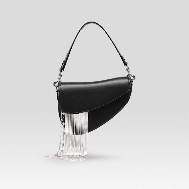 Black leather tassel crossbody saddle bag - MRSLM