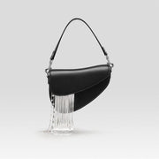 Black leather tassel crossbody saddle bag, view 2 - MRSLM