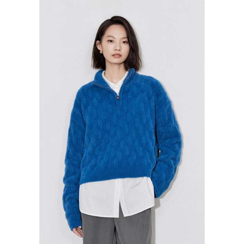 women's grid pattern knitted zipper sweater, view 7 - MRSLM