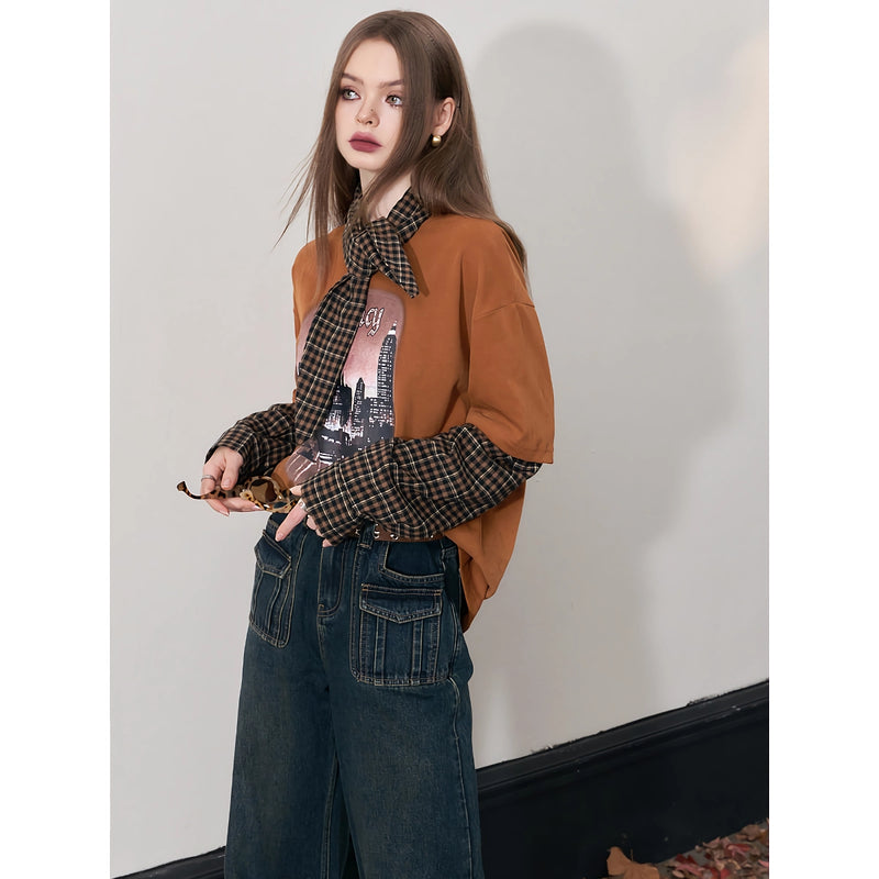 Graphic spliced long sleeve T-shirt, view 9 - MRSLM