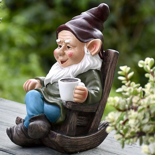 outdoor gnome dwarf on rocking chair, view 4 - MRSLM