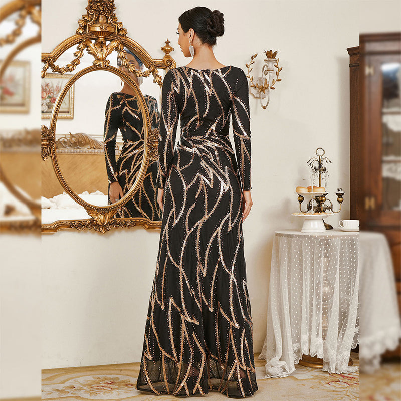 long sleeve sequined banquet dress, view 3 - MRSLM