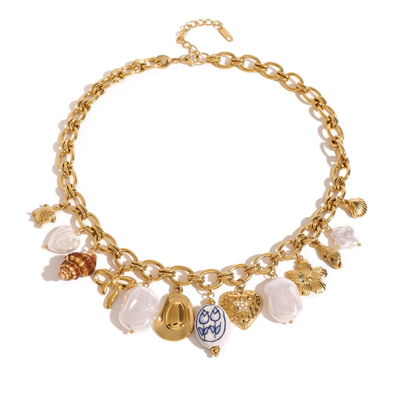 gold plated conch bowknot pearl necklace, view 2 - MRSLM