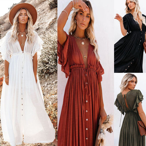 Solid color beach cover-up long dress - MRSLM