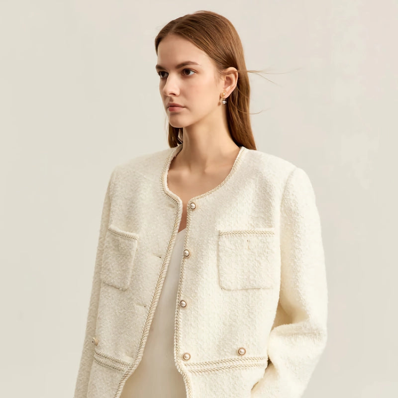 elegant crewneck beaded buckle jacket, view 5 - MRSLM