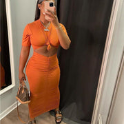 pleated short sleeve top and skirt dress set - MRSLM