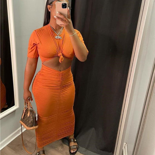 pleated short sleeve top and skirt dress set - MRSLM