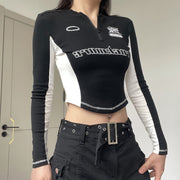 contrast patchwork embroidered letter long sleeve top - MRSLM