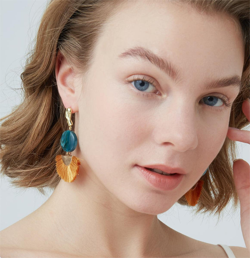 silver resin fan tassel earrings, view 3 - MRSLM