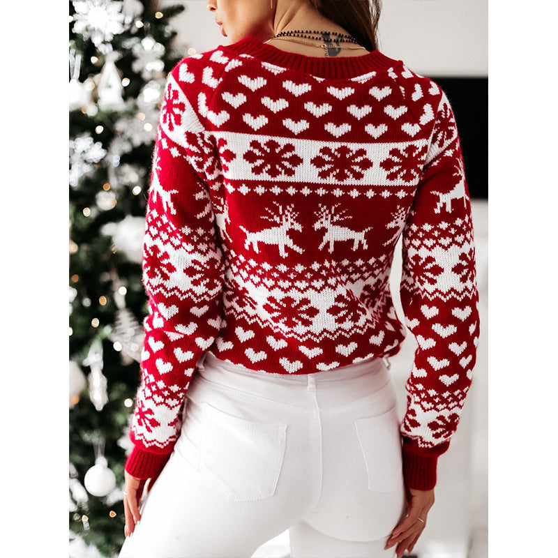 Women's Christmas elk and snowflake jacquard sweater, view 6 - MRSLM