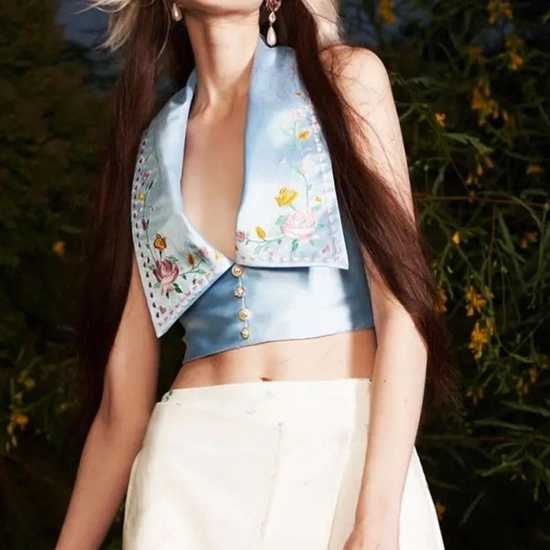 lapel button floral embroidered halterneck vest, view 5 - MRSLM