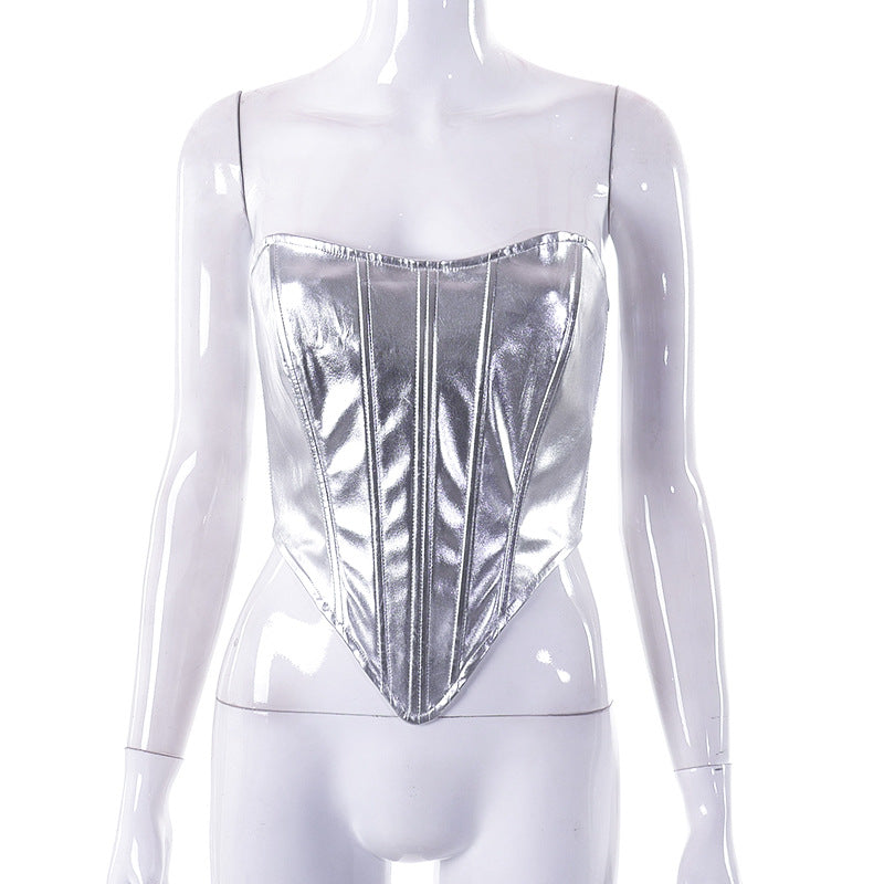 women's metallic lace-up crop top, view 4 - MRSLM