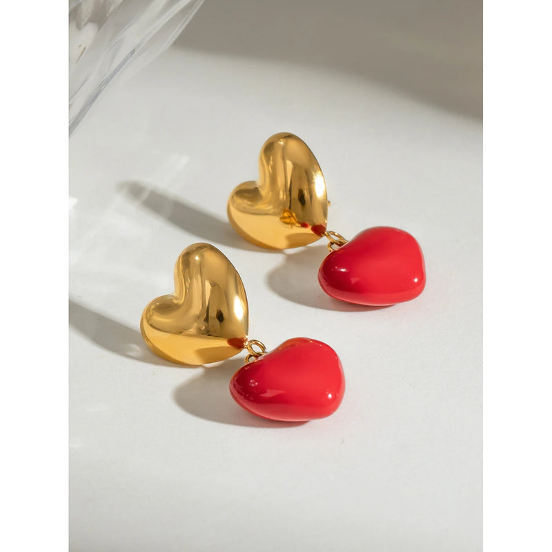 18K gold plated red heart pendant earrings, view 6 - MRSLM