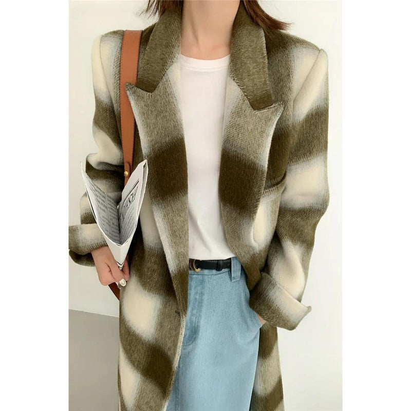 plaid double breasted long coat for women, view 8 - MRSLM