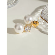 Gold plated vintage pearl and zircon earrings, view 6 - MRSLM