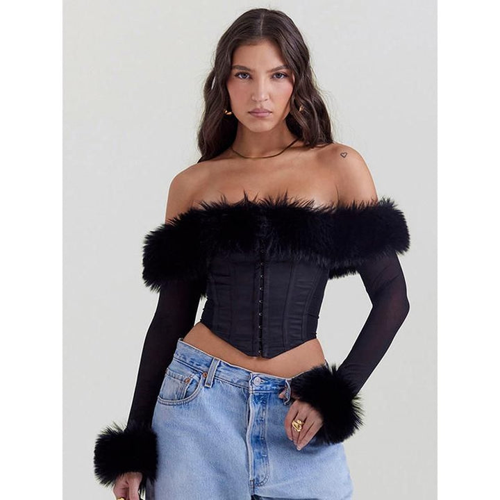 Elegant Feather Strapless Backless Sheer Long Sleeve Sexy T-Shirt