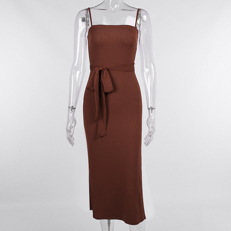 belted slit sling dress, view 5 - MRSLM