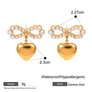 pearl bowknot heart pendant earrings, view 2 - MRSLM