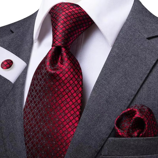 red plaid silk tie with cufflinks and handkerchief - MRSLM