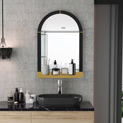 arched black and gold wall mirror with shelf, view 2 - MRSLM