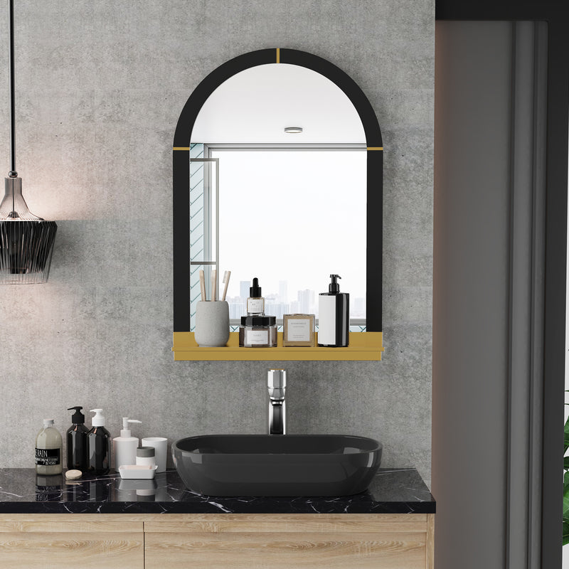 arched black and gold wall mirror with shelf, view 2 - MRSLM