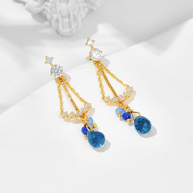 lapis lazuli blue zircon gold plated earrings, view 3 - MRSLM
