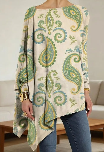 Paisley print asymmetric hem long sleeve top - MRSLM
