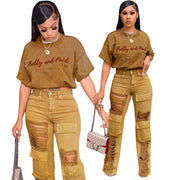 distressed denim embroidered letter set, view 4 - MRSLM