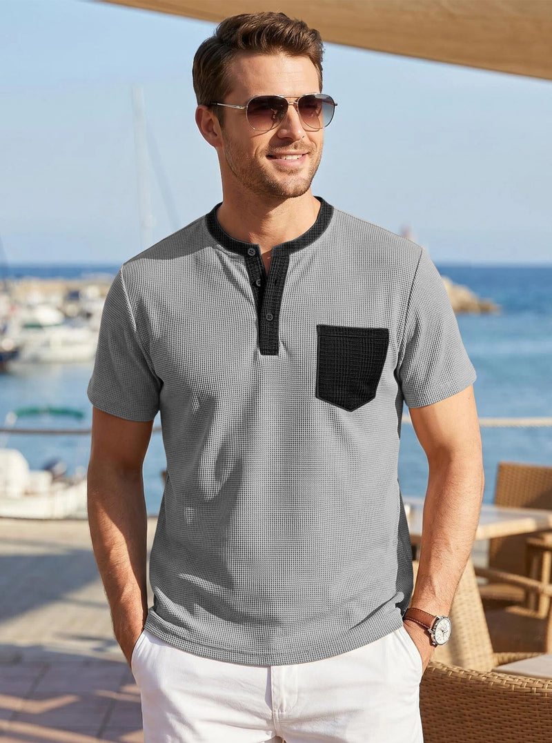 Men's color-block waffle-knit henley tee, view 10 - MRSLM