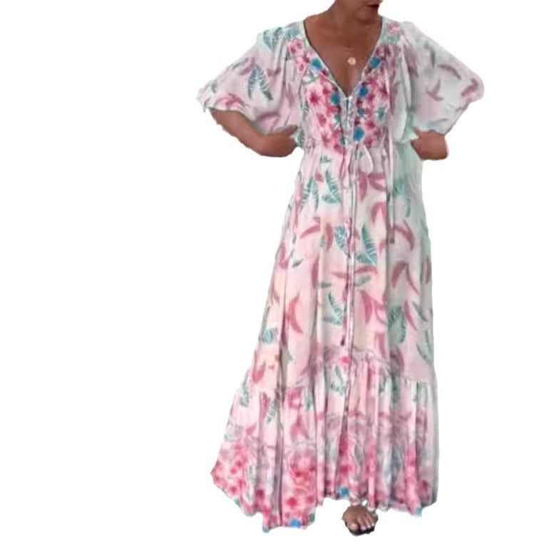 loose deep V puff sleeve long dress, view 5 - MRSLM