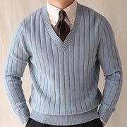 men's winter striped V-neck knit sweater, view 4 - MRSLM