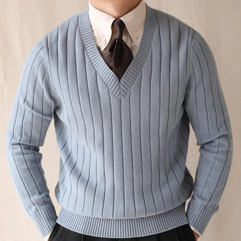 men's winter striped V-neck knit sweater, view 4 - MRSLM