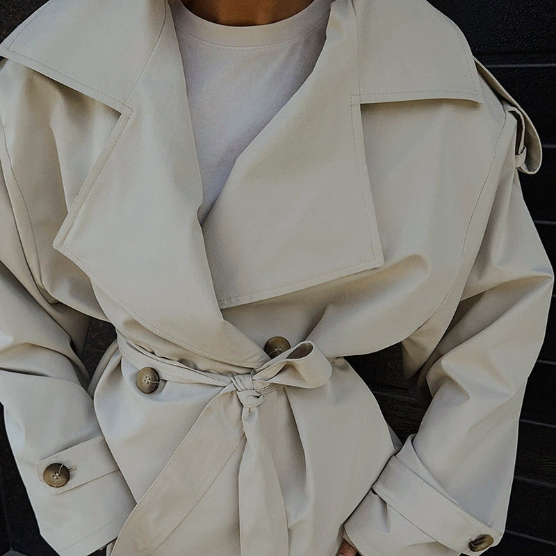 loose long sleeve trench coat in light khaki, view 2 - MRSLM