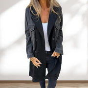 suit collar denim stitching mid-length coat, view 5 - MRSLM