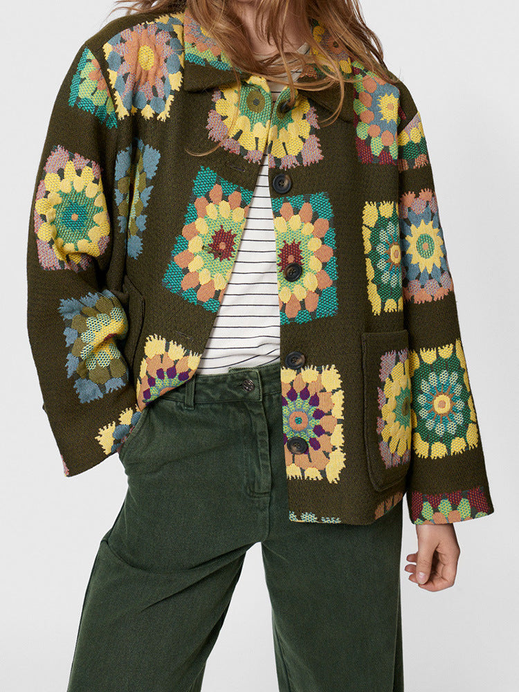 lapel flower print green jacket, view 6 - MRSLM