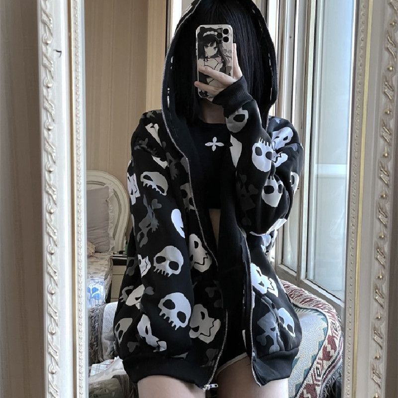 Dark Wind Skull Cardigan Hoodie Oversize Loose Hooded Zipper Thin Style Coat