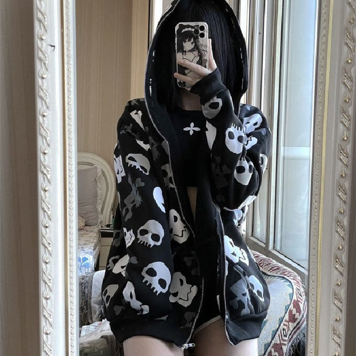 Dark Wind Skull Cardigan Hoodie Oversize Loose Hooded Zipper Thin Style Coat