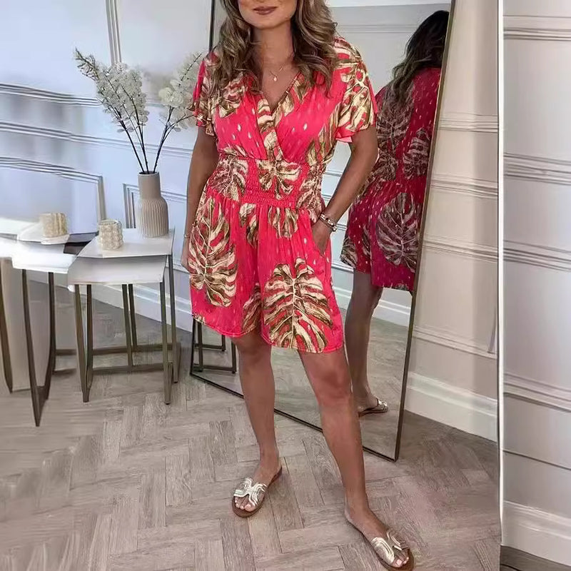 Leaf print short-sleeve summer outfit for women, view 2 - MRSLM