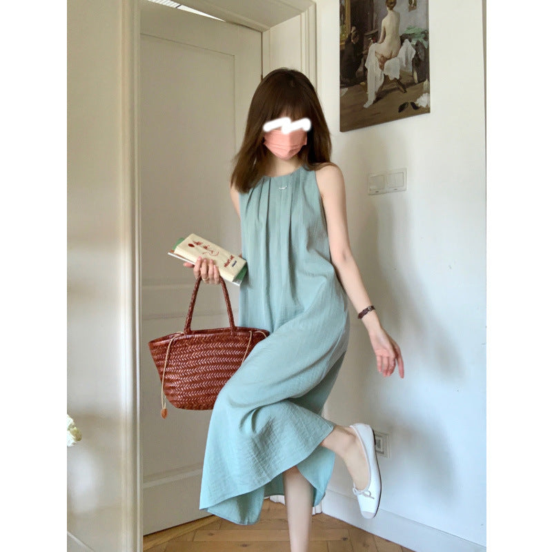 pea green halter long dress, view 7 - MRSLM