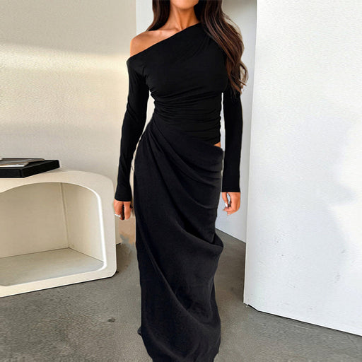 slim-fit slant shoulder hollow-out pleated dress women - MRSLM