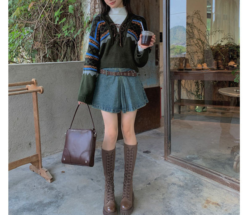 women's retro loose knit pullover sweater green, view 5 - MRSLM