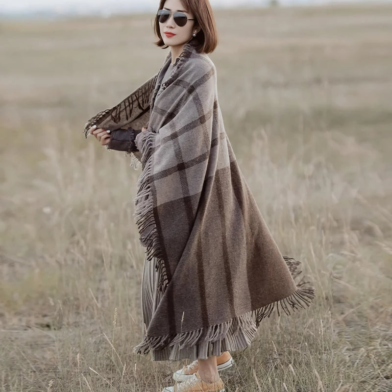 wool plaid scarf shawl in coffee beige, view 2 - MRSLM