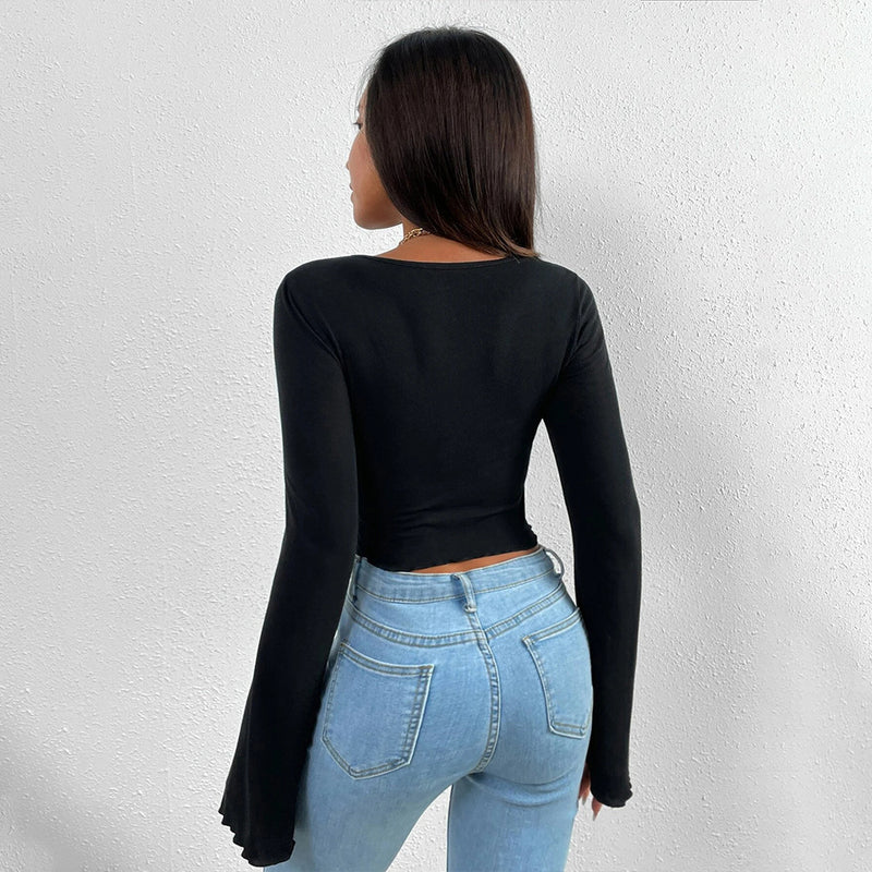 V-neck bell sleeve knit top, view 2 - MRSLM