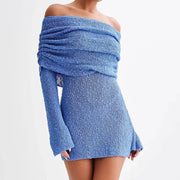 Women's hollow-out off-shoulder long sleeve short dress, view 6 - MRSLM