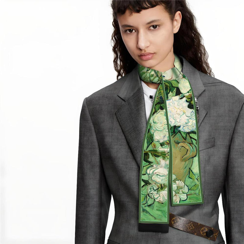 skinny silk scarf with art print, view 13 - MRSLM
