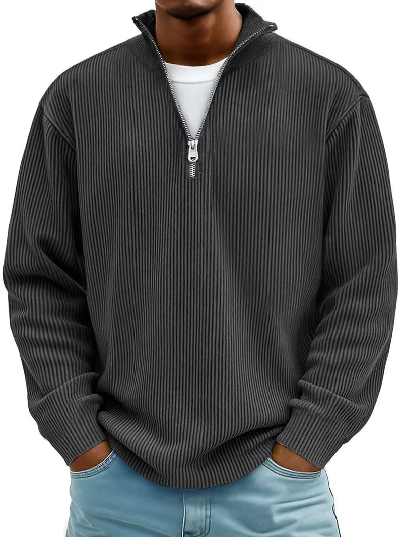 Corduroy Zipper Stand Collar Sweatshirt Fashion Warm Solid Color Long Sleeve Top Men's Casual Polo Shirt Clothing